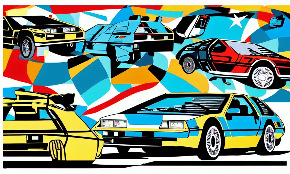 Prompt: pop art illustration of a delorean, abstract, adobe illustrator