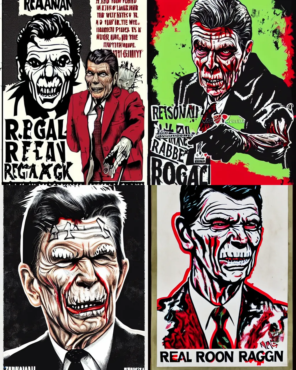 Prompt: Realistic Zombie Ronald Reagan, a punk rock poster