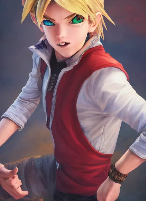 Prompt: An epic fantasy comic book style portrait painting of a young blonde boy thief, yu-gi-oh style, unreal 5, DAZ, hyperrealistic, octane render, cosplay, RPG portrait, dynamic lighting