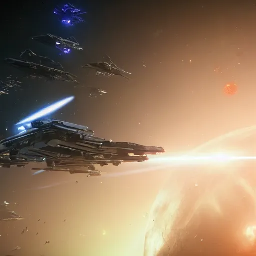 Prompt: epic space battle, star citizen render, nebula, laser beams, incredible detail
