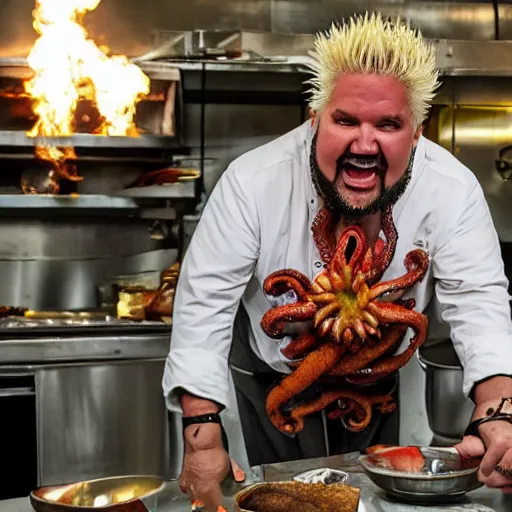 Image similar to guy fieri, mixed with an eldritch horror monster, with tentacles, in a restaurant kitchen, film still from the movie directed by denis villeneuve with art direction by salvador dali