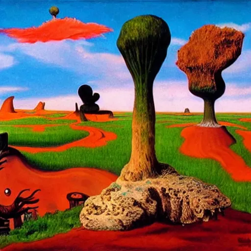 Prompt: surrealism painting of a landscape by dr seuss | horror themed | creepy