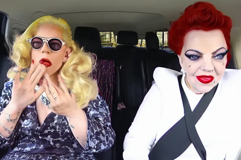 Prompt: carpool karaoke screenshot of lady gaga and judy garland, highly realistic, highly detailed, high resolution, 8 k 4 k,