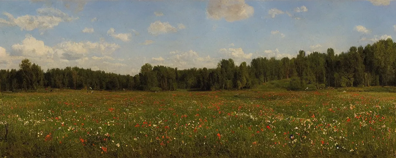 Image similar to summer wild flowers blooming in winter landscape, lush field, forest, river, matte painting, by Isaac Levitan and Vasily Perov