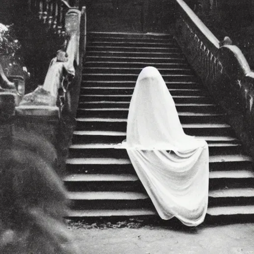 Prompt: vintage photograph of a ghost floating down old stairs