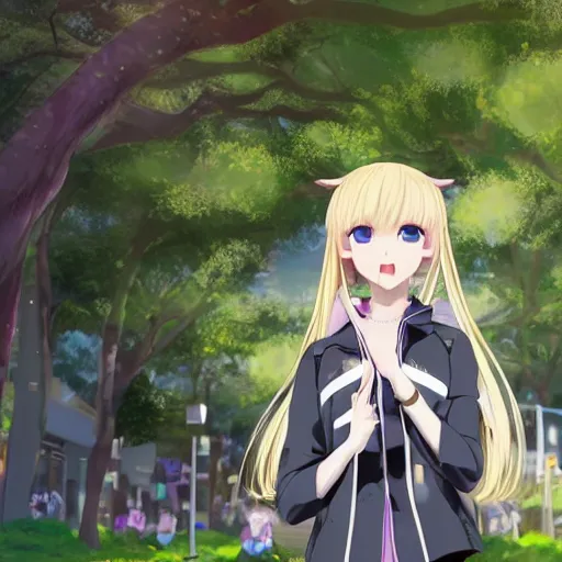 Image similar to blonde - haired princess, anime princess, wearing black jacket and white leggings, looking through crowd, town street, festival street, trees, green trees, blue lighting, blue sunshine, strong lighting, strong shadows, vivid hues, ultra - realistic, sharp details, subsurface scattering, intricate details, hd anime, 2 0 1 9 anime