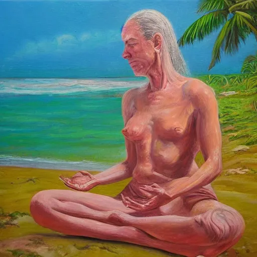 Image similar to freckled woman meditating on beach in caribbean, high detailed, clear, oil on canvas