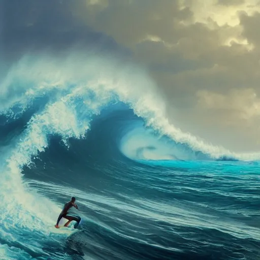 Image similar to big wave surfing at teahupo'o, intricate, highly detailed, digital painting, artstation, concept art, smooth, sharp focus, illustration, unreal engine 5, 8 k, art by artgerm and greg rutkowski and alphonse mucha