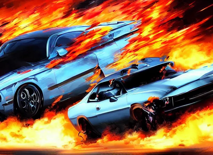 Prompt: a scary muscle car with weapons and nitrous speeding through a highway and crashing cars off the road, intense cinematic digital painting with masterful composition and brush strokes