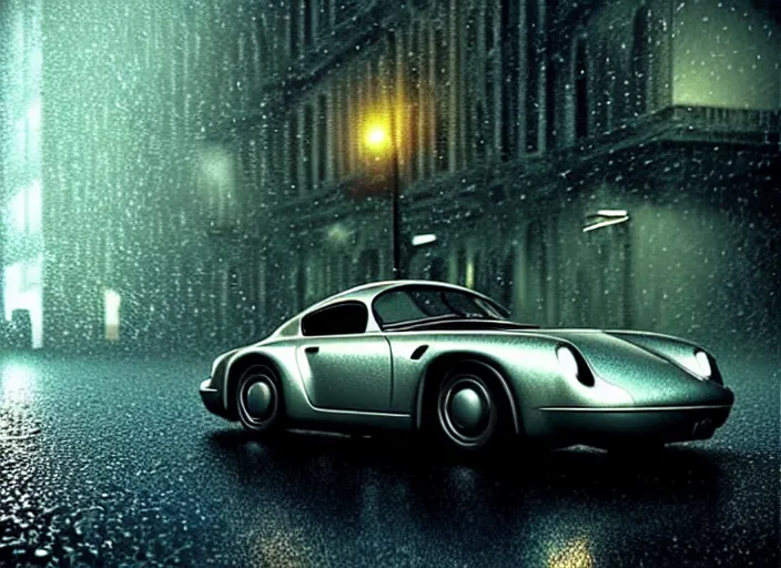 Image similar to beautiful extreme photo in style of frontiers rendered in octane 3d , stunning, coherent, beautiful painting, still of a Mysterious figure swings a heavy sledgehammer at a silver Porsche 550 with its headlights on, parked on the side of the road in the city of Cologne in the rain, by George Tooker, moody, ominous, lighting, hyper-realistic, , Edward Hopper and James Gilleard, Zdzislaw Beksinski, Steven Outram, highly detailedrich deep colors. rich deep colors. Beksinski painting, art by Takato Yamamoto , Wayne Barlowe. masterpiece. rendered in blender, ultra realistic, smooth shading, ultra detailed, high resolution, cinematic, unreal 6