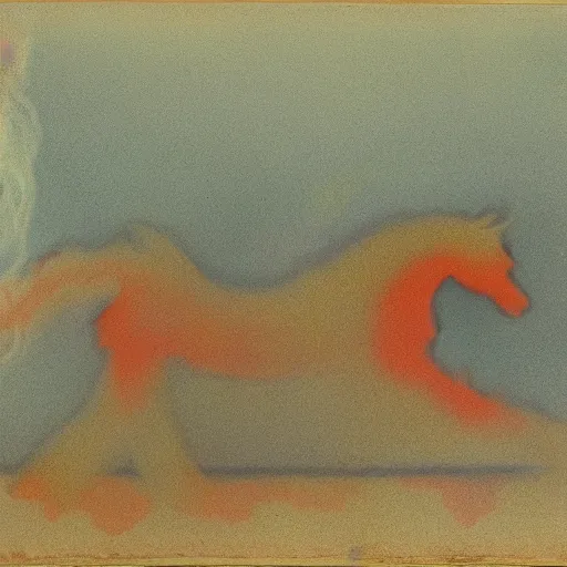 Prompt: misty volumetric muted-neon-color smoke wisps, waft on convection current of air through a low energy cluttered parlor and coalesce into the vague translucent outline of a horse crossing the finish line.