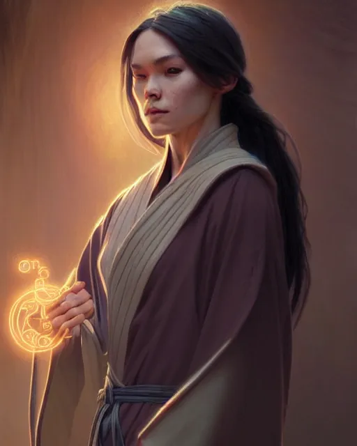 Image similar to a robed magical apprentice air bending, fantasy character portrait, woodland river, ultra realistic, intricate, elegant, highly detailed, digital painting, artstation, smooth, sharp, focus, illustration, art by artgerm and greg rutkowski and alphonse mucha