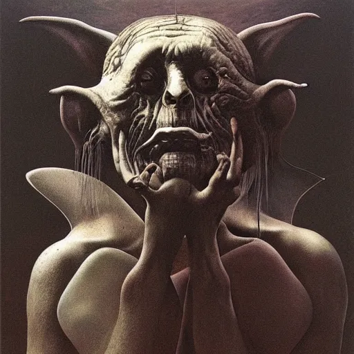 Image similar to Zdzisław Beksiński painting of a goblin