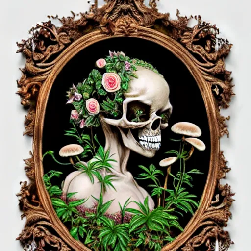 Image similar to a beautiful detailed front view rococo portrait of a rotten woman corpse becoming almost a skull with fractal plants and fractal flowers and mushrooms growing around, intricate, ornate, volumetric light, beautiful lit, polaroid photography, the northman