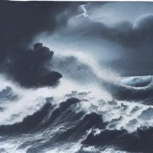 Image similar to A beautiful experimental art of a raging storm at sea, with huge waves crashing against the rocks. The sky is dark and ominous, and the sea is rough and choppy. by Desmond Morris offhand