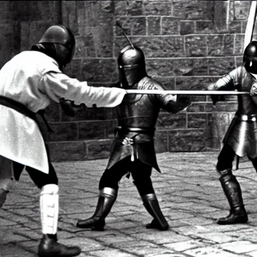 Prompt: medieval sword fight cctv footage