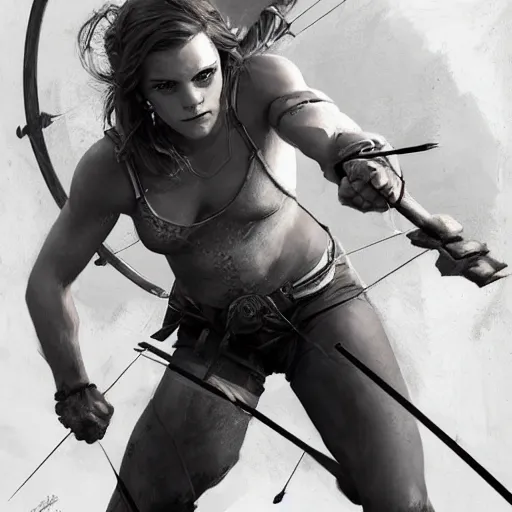 Image similar to portait of a very muscled emma watson archer shooting arrow, front game card, drark, marvel comics, dark, intricate, highly detailed, smooth, artstation, digital illustration by ruan jia and mandy jurgens and artgerm and wayne barlowe and greg rutkowski and zdislav beksinski