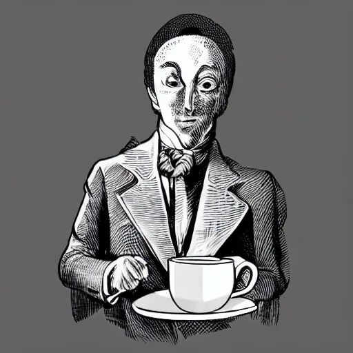 Image similar to black and white comic of a man with the head of an owl, holding a mug of coffee