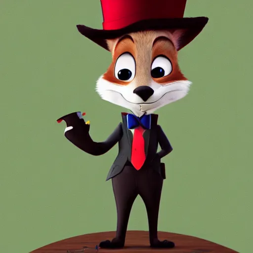 Prompt: Red Fox wearing a top hat in the style of Zootopia, 4k