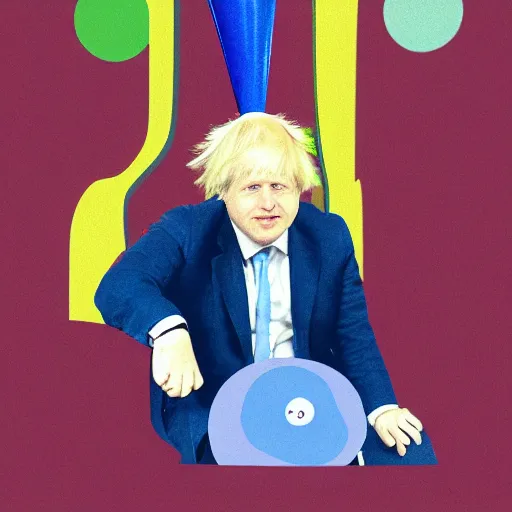 Prompt: Illustration of Boris Johnson, sat in a lounge on his own, wearing a birthday party hat and crying by Roger Dean