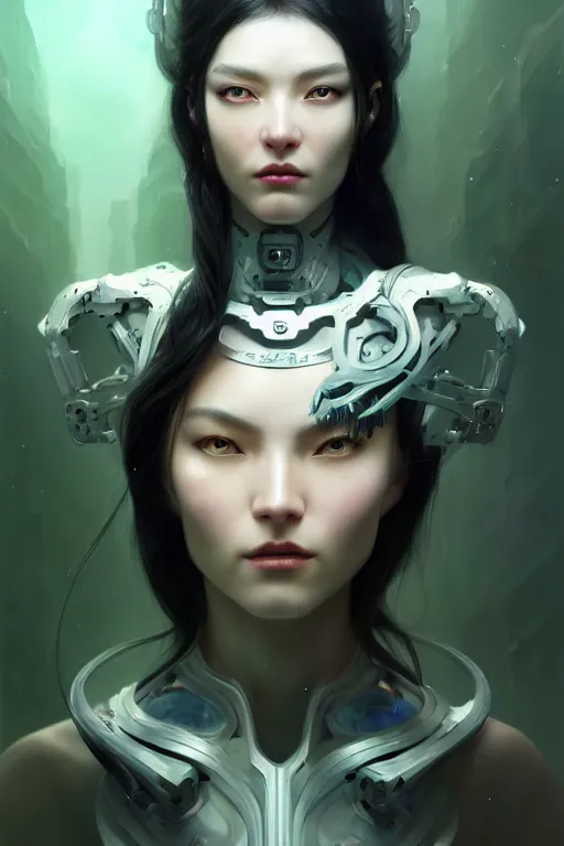 Prompt: ultra detailed beautiful nordic cyborg, black long hair, green eyes, implants in her face, sharp bone structure, extremely detailed digital painting, in the style of fenghua zhong and ruan jia and jeremy lipking and peter mohrbacher, mystical colors, rim light, beautiful lighting, 8 k, stunning scene, raytracing, octane, trending on artstation