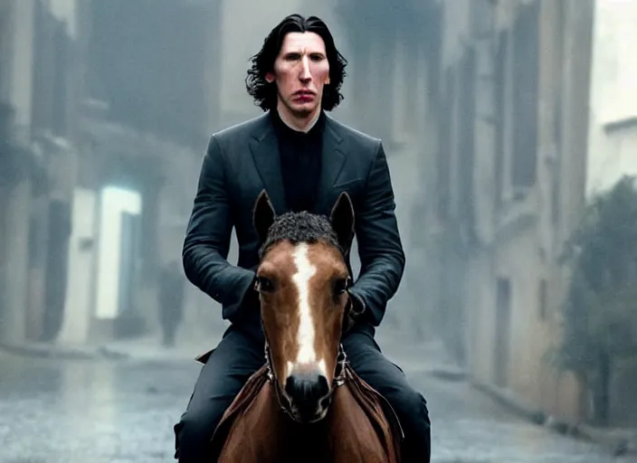 Image similar to first official image from bond 2 6, starring adam driver as agent 0 0 7, riding a horse through the streets of valparaiso, chile in heavy rain. directed by alejandro inarritu. stunning cinematography, kodak vision 2 0 0 t, high contrast, anamorphic lens, chromatic aberration.