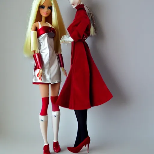 Image similar to anime barbie doll, 5 dolls, doctor suit, playboy, leather, in red velvet stockings, a nurse's dress, full length, heels on her feet