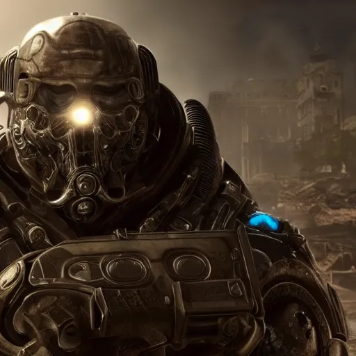 Image similar to george soros in gears of war, splash art, movie still, cinematic lighting, dramatic, octane render, long lens, shallow depth of field, bokeh, anamorphic lens flare, 8 k, hyper detailed, 3 5 mm film grain