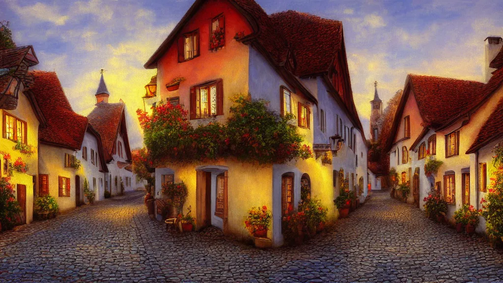 Prompt: High-Quality realist painting of a narrow street in a traditional Bavarian village at dawn, peaceful, very detailed, digital art.