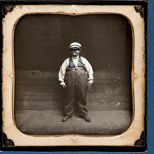 Image similar to Nintendo's Mario dressed as a plumber at the Ellis Island immigration office happily acquiring his citizenship, daguerreotype portrait