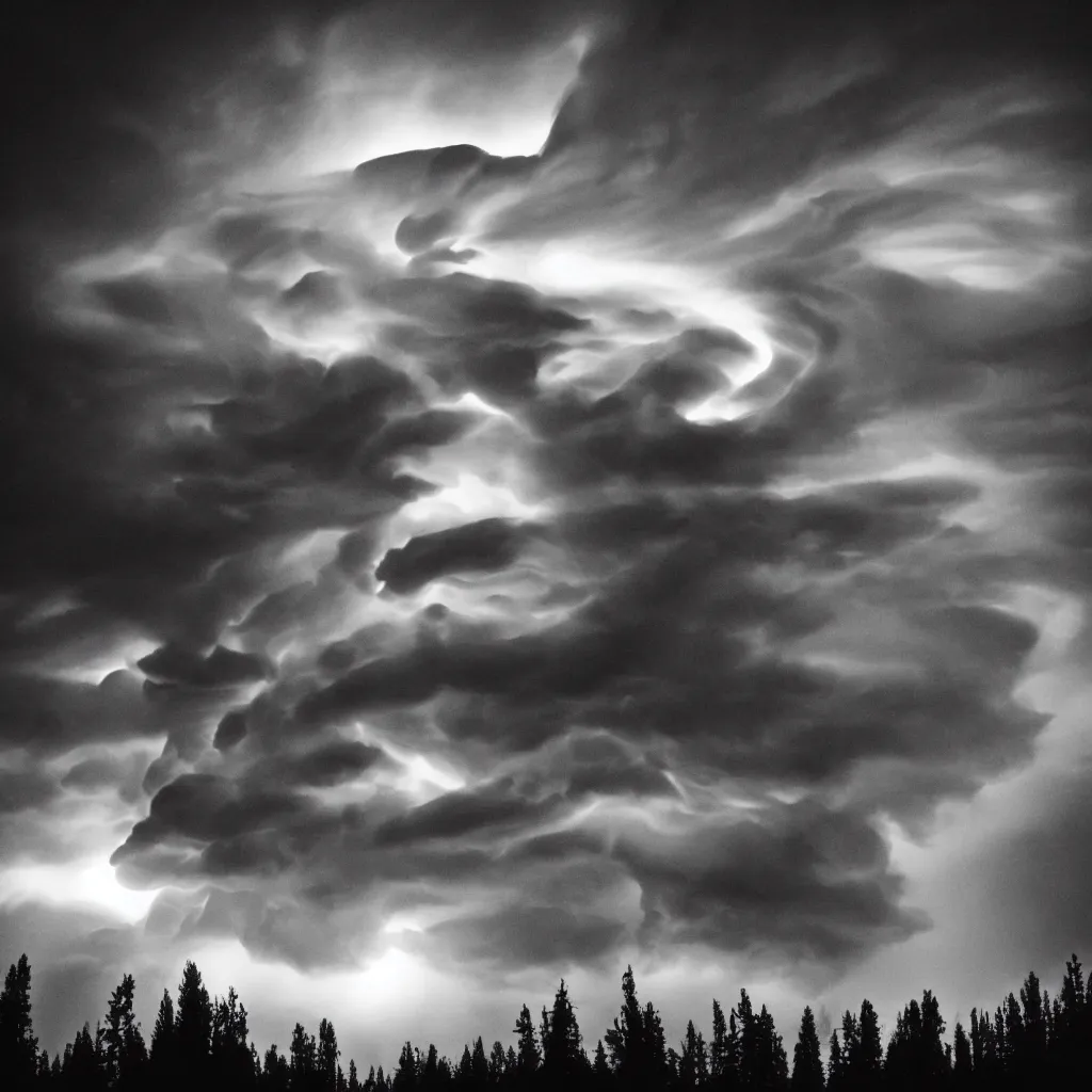 Image similar to an electric storm cloud shaped as a screaming human face floating above dark spruce forest, black metal aesthetics, dark atmosphere, black and white photo