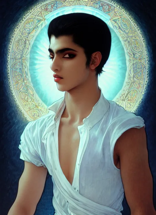 Image similar to beautiful medium shot portrait of a young arabic man inspired by ayami kojima with short hair dressed with a white t - shirt looking into the camera from three - quarters, white background white bank studio light, art by yoshitaka amano, alfons mucha, final fantasy, high quality, 8 k