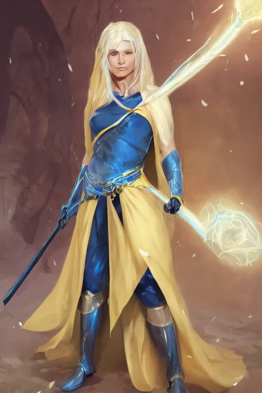 Prompt: Beautiful Mesmer 40 years old Woman, light yellow hair, blue eyes, dark brown skin, Light blue and black robes, covered, no cleavage, no visible midriff, and floating illusory swords, multiple illusory arms, visible face, by Frank Franzetta, cgsociety, artstationHD, safebooru, high quality, HD