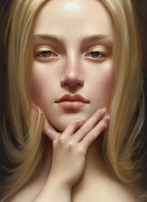 Prompt: beautiful symmetrical face!! portrait of young woman blessed with ever - increasing physical and mental perfection, realism, blonde hair, perfect face!! intricate, elegant, highly detailed, vision of holy perfection!! digital painting, artstation, concept art, smooth, sharp focus, illustration, humanity, art by artgerm and greg rutkowski and alphonse mucha