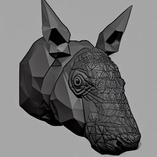 Image similar to rhino head made of black cast iron on a black background. gothic baroque. low poly. symmetry. epic. ominous shapes. hyper detailed.