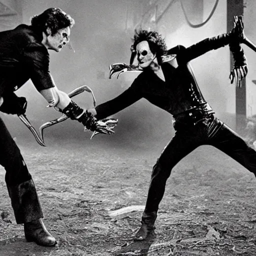 Image similar to Wdward Scissor-hands battling with Freddie Kreuger, cinematic hollywood action sequence, movie-still, gritty-thriller-action-horror