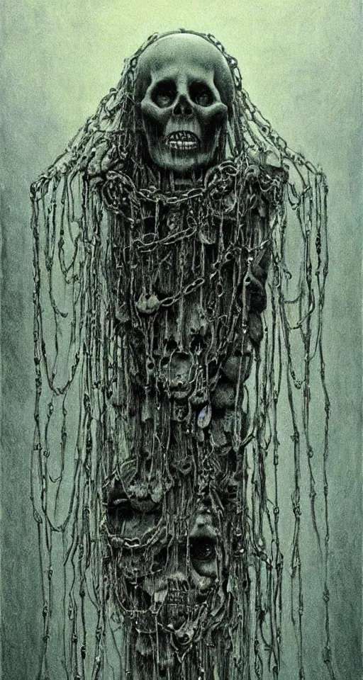 Prompt: creepy levitating skull ghosts with chains and long beautiful flowing translucent cloth, symmetrical, cursed faces, occult, dim lighting, incredibly detailed and intricate, elegant, melancholic, immaculate, forgotten, Beksinski