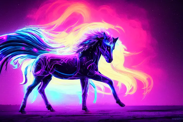 Prompt: a stunning horse with bioluminescent mane and tail by sandra chevrier and greg rutkowski, neon hooves, purple blue color scheme, vaporware, retro, outrun, high key lighting, volumetric light, digital art, highly detailed, fine detail, intricate, ornate, complex, octane render, unreal engine, photorealistic