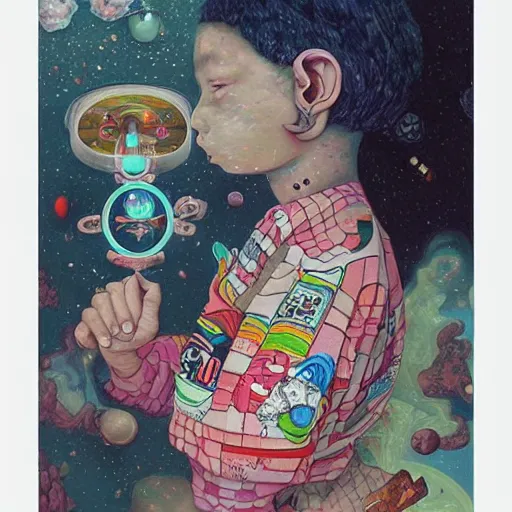 Image similar to A mixed mediart. A rip in spacetime. Did this device in her hand open a portal to another dimension or reality?! by Hikari Shimoda, by Diego Rivera realist