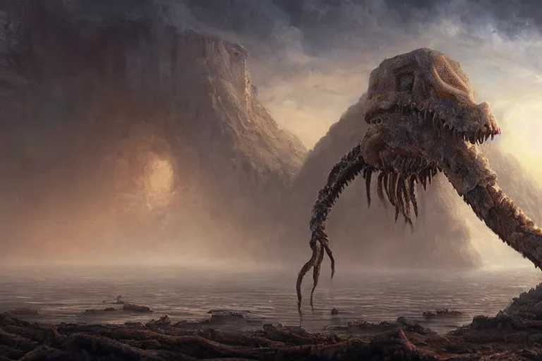 Prompt: ultra realist soft painting of a single lovecraftian gigantic creature on a ruined city, very intricate details, dense deep fog, golden ratio, volumetric cinematic lighting, reflections, refractions, symmetry accurate anatomy features, omnious background, unreal render