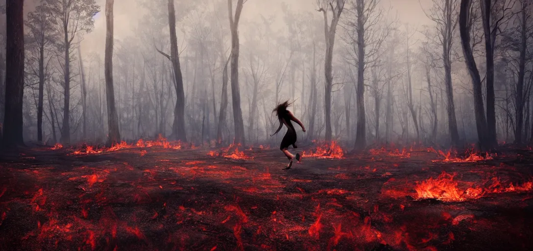 Prompt: a young woman running from a burning forest, red fog on the ground, Bleak. big stones, Dark mood. Mysterious. Doom. Realistic painting. photobashing, matte painting, highly detailed,