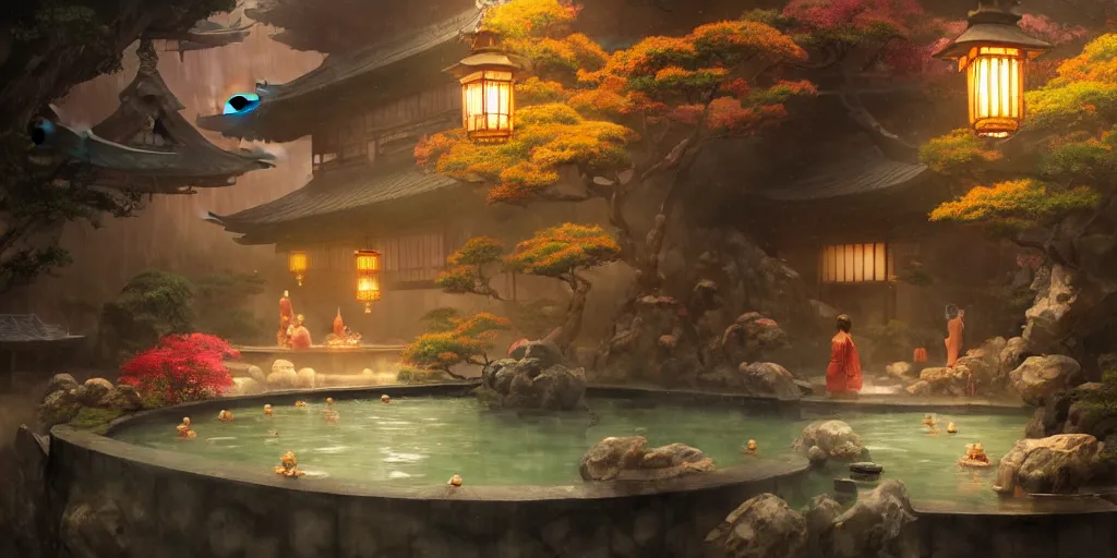 Image similar to painting of private magical onsen next to japanese inn with levitating lanterns and dragon spirits by greg rutkowski craig mullins ross tran cozy hot springs bonsai zen garden steamy flowers japanese motifs concept art clear focus fantasy d & d cinematic lighting unreal engine lumen trending on artstation