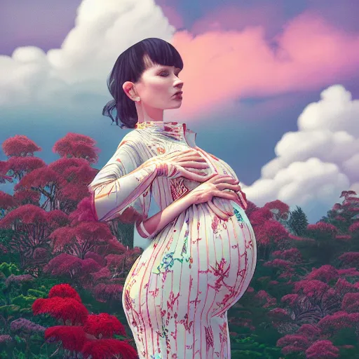 Image similar to pretty pregnant model with clouds : : by martine johanna and simon stalenhag and chie yoshii and casey weldon and wlop : : ornate, dynamic, particulate, rich colors, intricate, elegant, highly detailed, vogue, harper's bazaar art, fashion magazine, smooth, sharp focus, 8 k, octane render