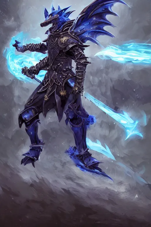 Image similar to anthropomorphic Azure wolf knight, DnD character art portrait, fantasy battleground, raining, blue flame, oil painting, heroic pose, magic the gathering artwork, D&D, fantasy, cinematic lighting, centered, symmetrical, highly detailed, digital painting, artstation, concept art, chromatic aberration, post processing, smooth, sharp focus, illustration, volumetric lighting, epic Composition, 8k, art, DeviantArt, trending on Artstation, Jason Felix, Steve Argyle, Tyler Jacobson, Peter Mohrbacher, Akihiko Yoshida, Greg Rutkowski, Craig Mullins, Frank Frazetta, cinematic lighting