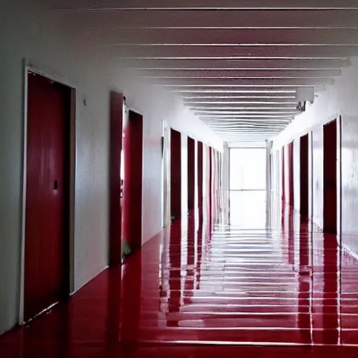 Image similar to a long all white hallway lined with red doors, liminal space,