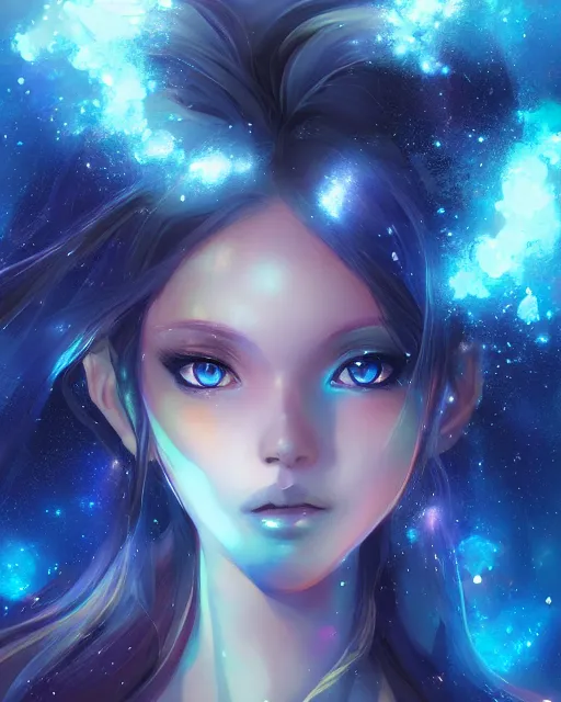 Image similar to A realistic anime portrait of a beautiful cosmic woman with glowing blue eyes and cosmic skin wearing clothes made of universes, digital painting, by Stanley Artgerm Lau, Sakimichan, WLOP and Rossdraws, digtial painting, trending on ArtStation, SFW version