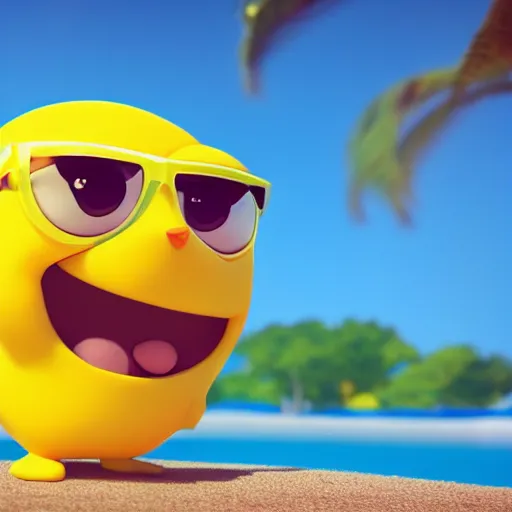 Prompt: a supercute cartoonnetwork lemon character, that is cute and good looking, it's is relaxing on a beach, by dalle - 2, octane render, 3 d, volumetric lightening,