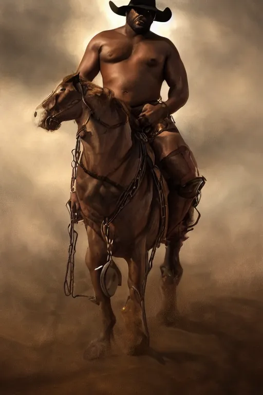 Prompt: a beautiful dramatic epic painting of a thicc beefy shirtless handsome! black man | he is wearing a leather harness and cowboy hat | prairie setting, dust clouds | homoerotic, highly detailed, dramatic lighting | by Mark Maggiori, by William Herbert Dunton, by Charles Marion Russell | trending on artstation