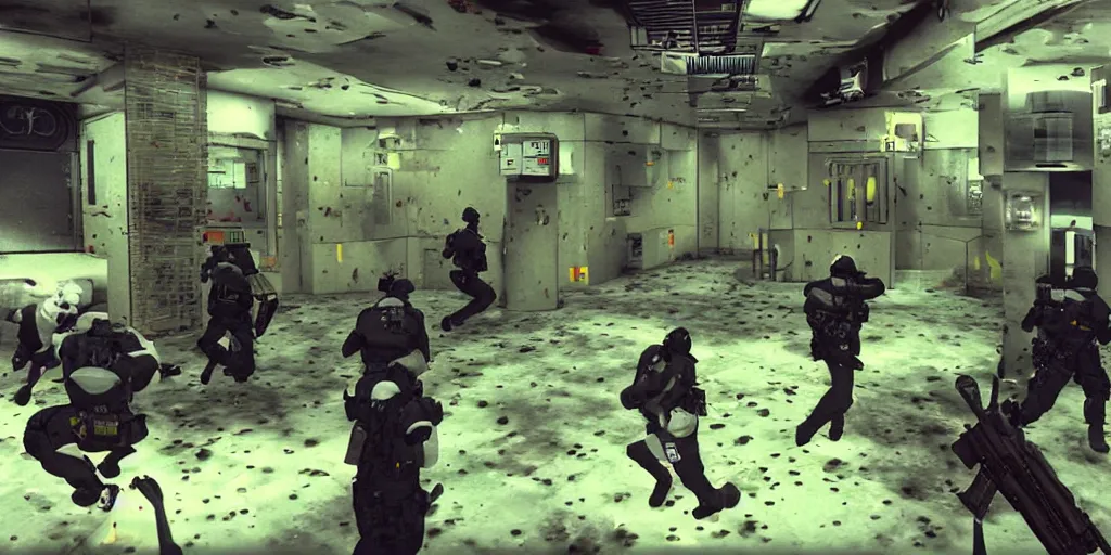 Prompt: 1998 Video Game Screenshot, Anime Neo-tokyo Cyborg bank robbers vs police, Set in Bank Vault Room, bags of money, Multiplayer set-piece, Police officers hit by bullets :5, Police Calling for back up, Bullet Holes and Blood Splatter, Smoke Grenades, Large Caliber Sniper Fire, Chaos, Cyberpunk, Money, Anime Bullet VFX, Machine Gun Fire, Violent Gun Action, Shootout, Payday 2, Highly Detailed, 8k :6 by Katsuhiro Otomo + Studio Gainax : 8