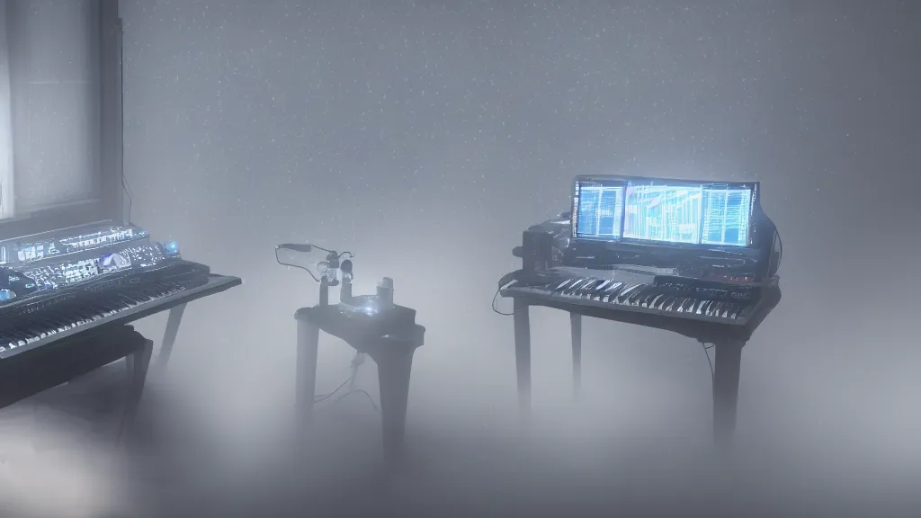 Prompt: a synthesizer, white balance, 8 k, rim lighting, led, lumen global illumination, glowing, glow - in - the - dark, fog, ray tracing reflections
